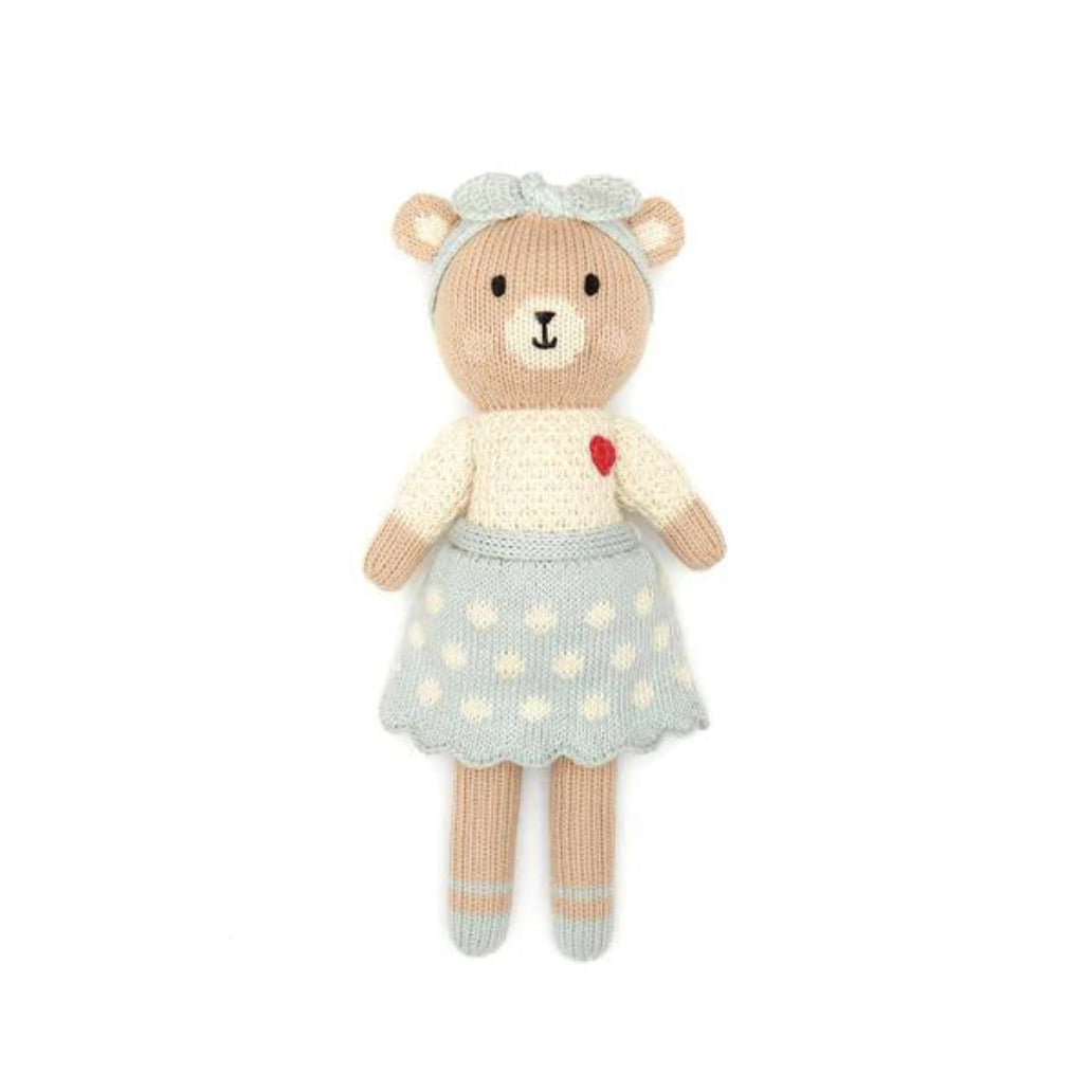 Knitted teddy bear with a heart on a white background Raleigh, NC boutique