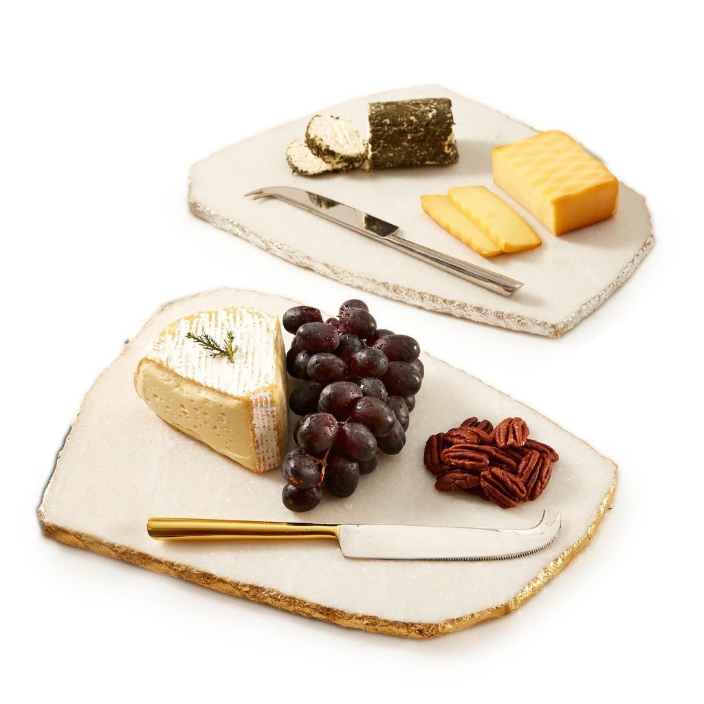 White marble cheese board with gold knife, boutique home entertaining gift.