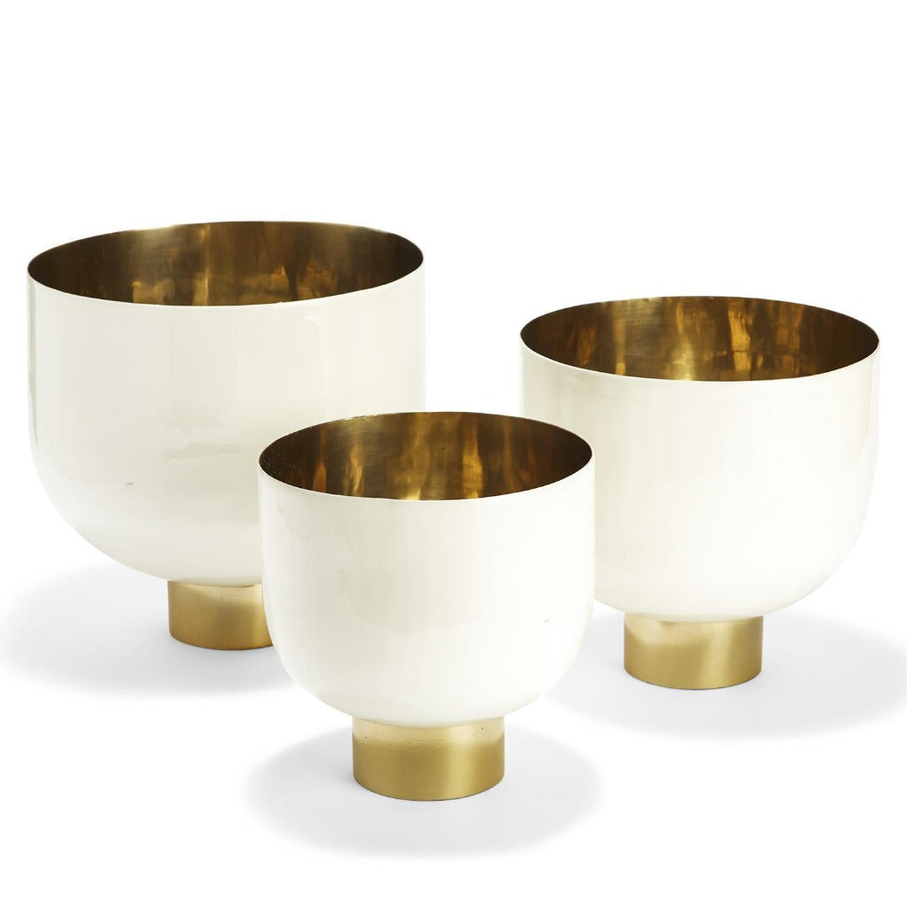 Set of white bowls with gold base detail, modern home décor from Raleigh boutique.
