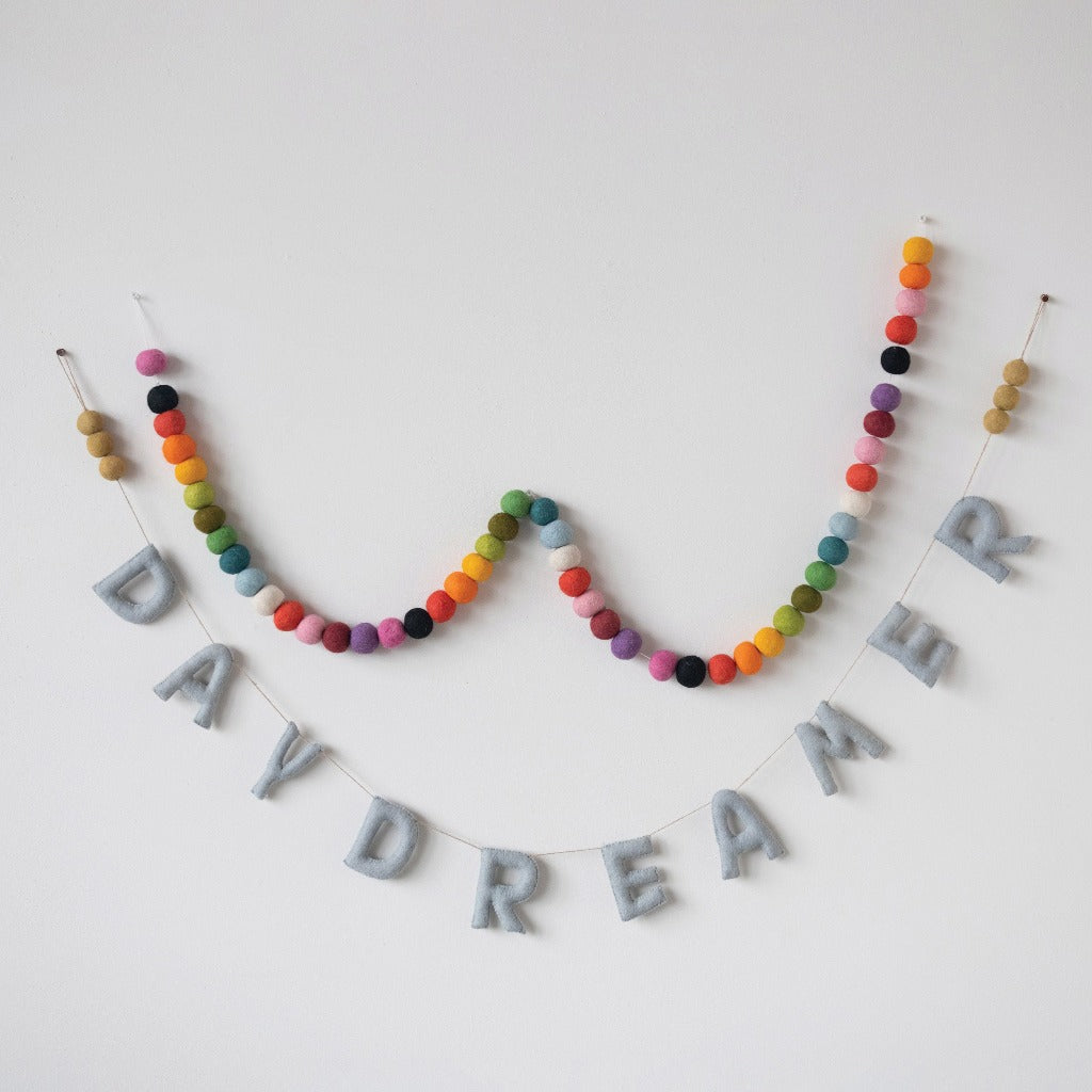 Wool felt garland Day Dreamer, decorative string garland from boutique home décor.