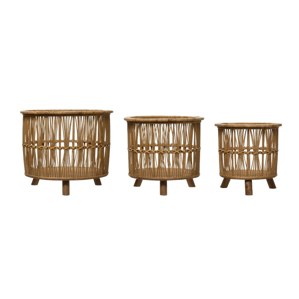 Bamboo footed baskets, boutique woven home décor storage.